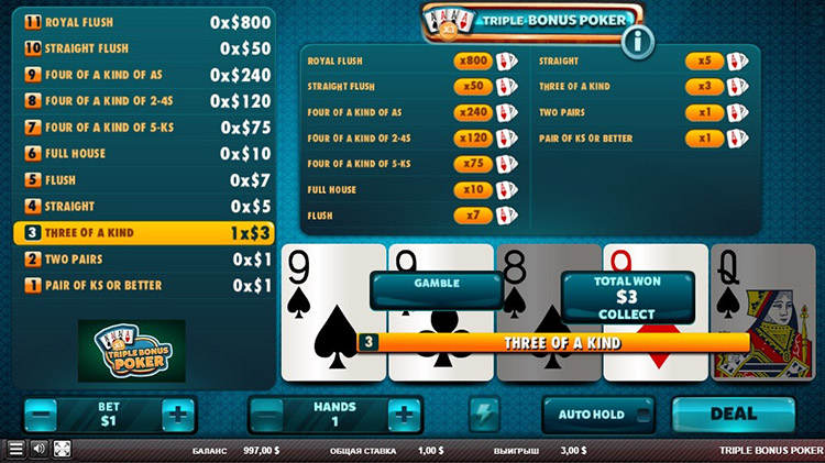 Видеопокер Triple Bonus Poker